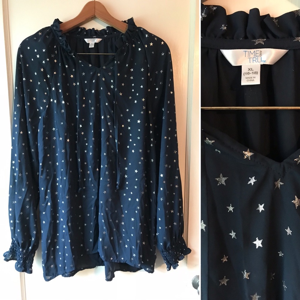 Silver Stars Sheer Blouse with Cuff Long Sleeves